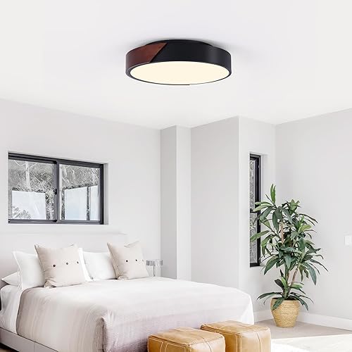 Miniatura 3 de Lámpara de techo moderna negra de montaje empotrado, E12 de 3 luces de madera cerca del techo, lámpara de techo redonda minimalista para dormitorio,