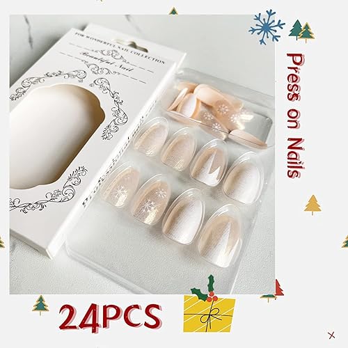 Miniatura 3 de Uñas postizas de Navidad a presión de longitud media color blanco copo de nieve uñas postizas mate almendras Navidad acrílicas ataúd artificial