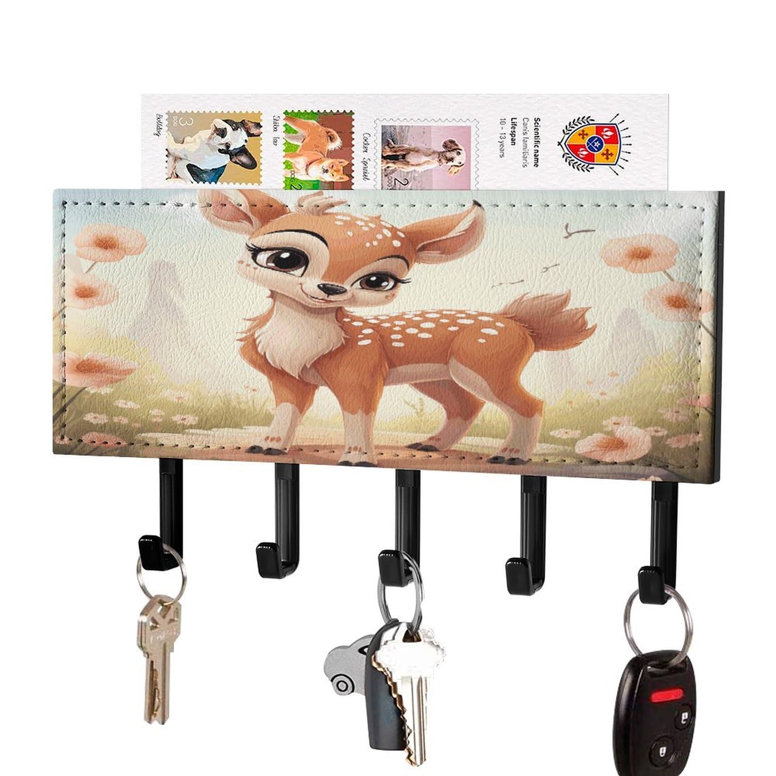 JTREHY Lovely Deer Key Holder Wall Mount Decorative Key and Mail Holder PU Leather Adhesive Key Organizer Hanging Key Hooks Wall Shelf with 5 Hooks for Entryway Hallway Office