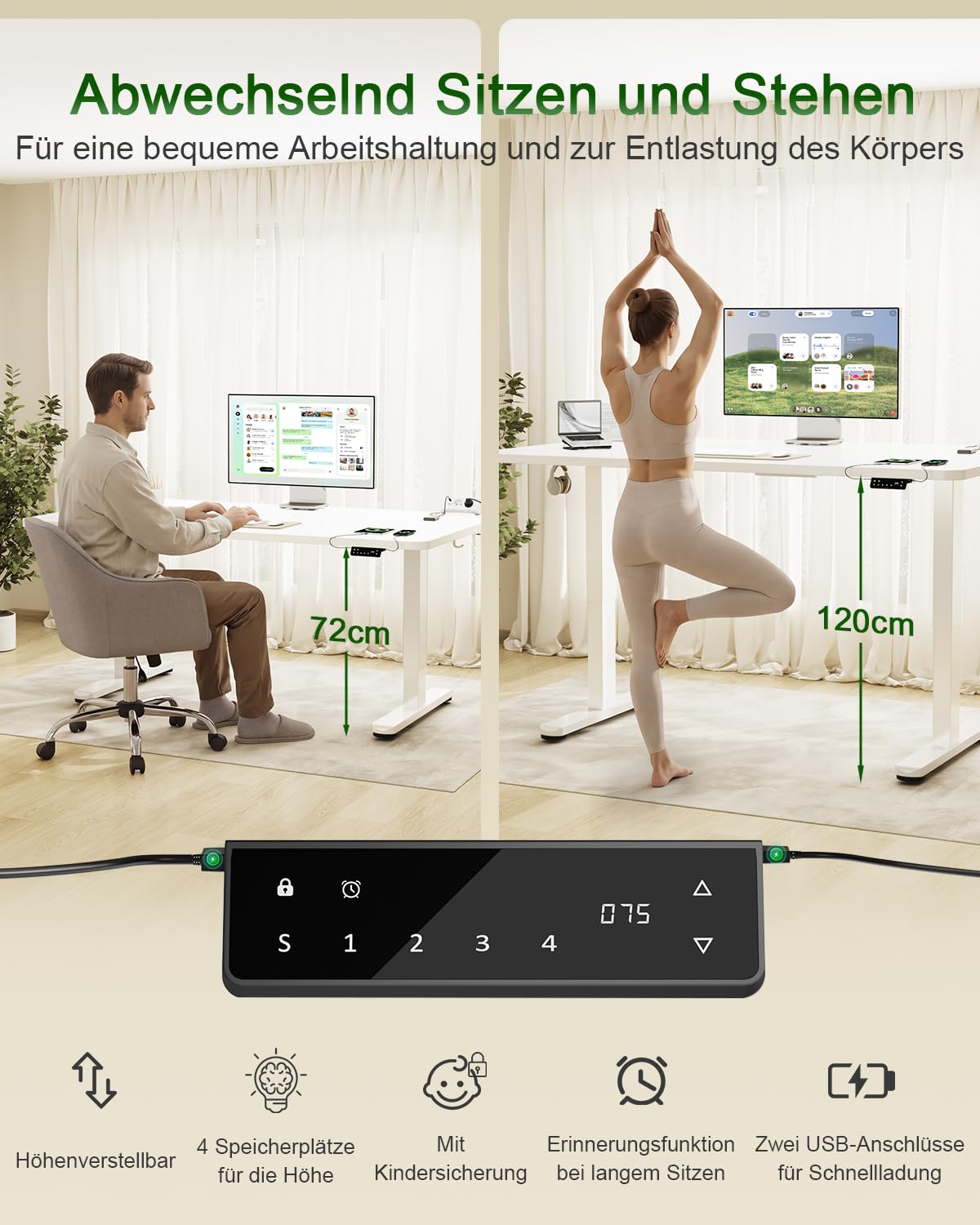 Devoko Höhenverstellbarer Schreibtisch 200x80cm, Dualmotor Elektrischer Stehschreibtisch mit 25mm Einteiliger Tischplatte, Touchscreen Steuerung, Computertisch mit Kabelmanagement & Steckdose