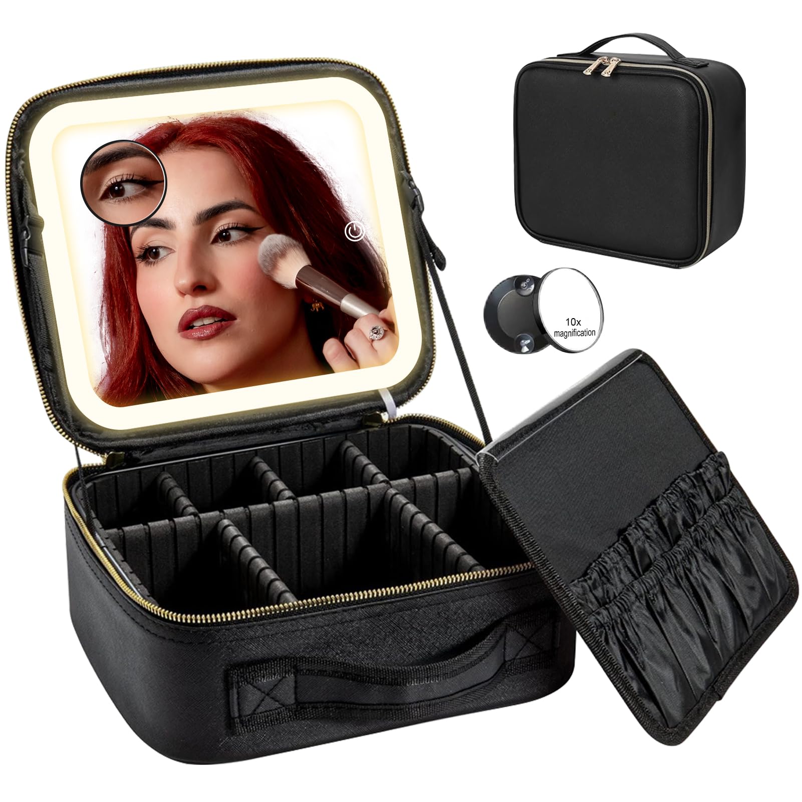 Dictien Maletas de Maquillaje, Neceser con Espejo, Luz LED de 3 Colores, Negro, Bolsa de Cosméticos con Espejo