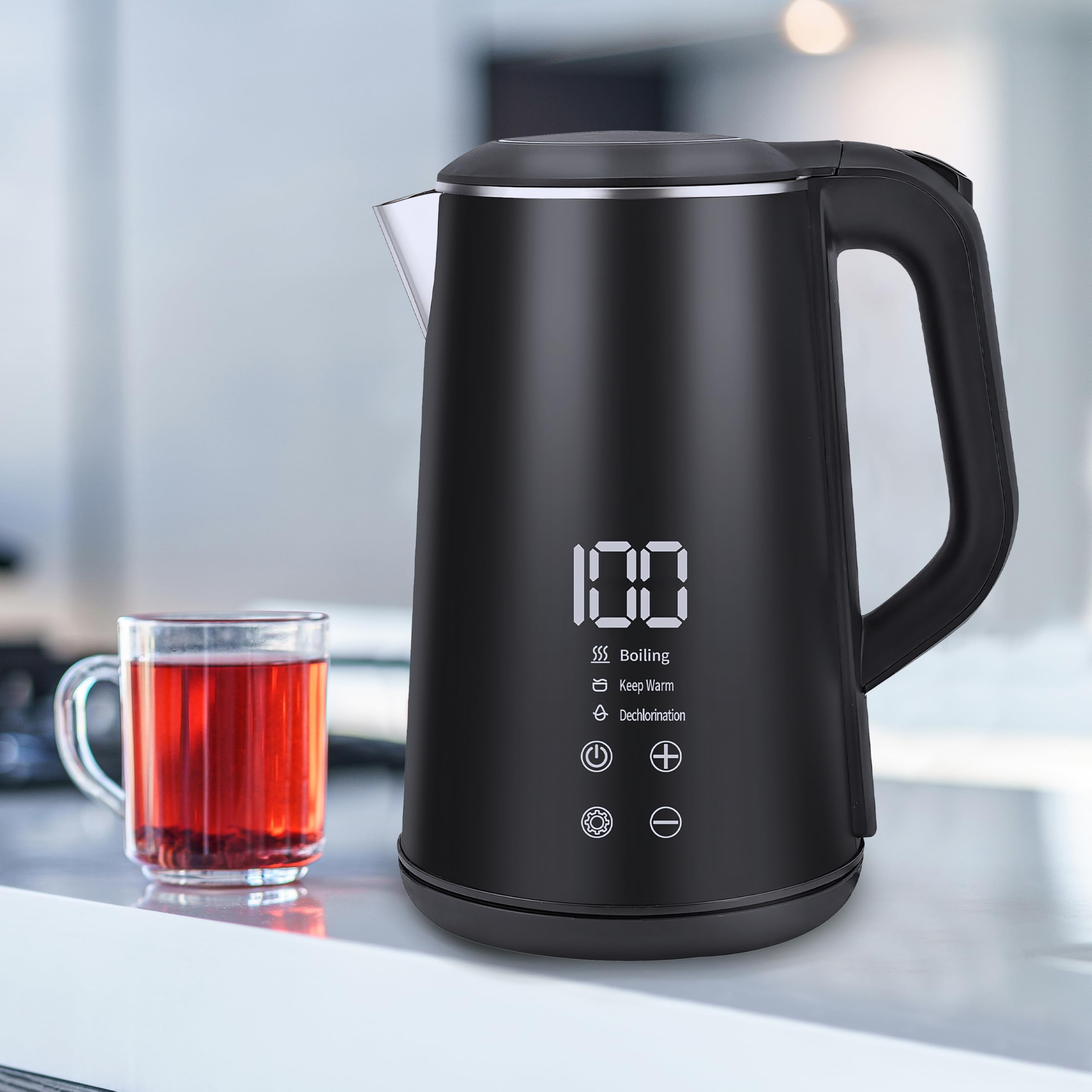 Retoo Hervidor de Agua Eléctrico 1,6L con Pantalla Táctil LED 1500 W, Inalámbrico, Base de 360°, Interior de Acero Inoxidable sin BPA, Varios Niveles de Temperatura, Negro