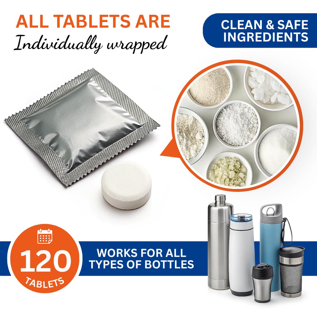 120 tabletas de limpieza de botellas de agua, tabletas de limpieza de botellas para botellas de agua y vasos de acero inoxidable, las tabletas limpiadoras de botellas son ideales para todas las