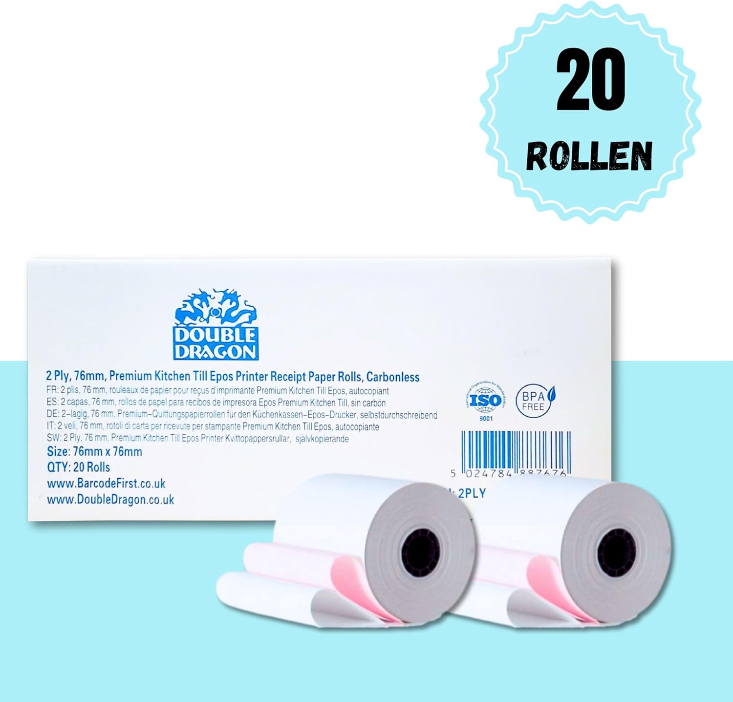 76 x 76mm, 2ply Premium Paper Till EPOS Kitchen Printer Receipt Rolls - Carbonless - (Box of 20 Rolls) - 2 PLY, Non-Thermal
