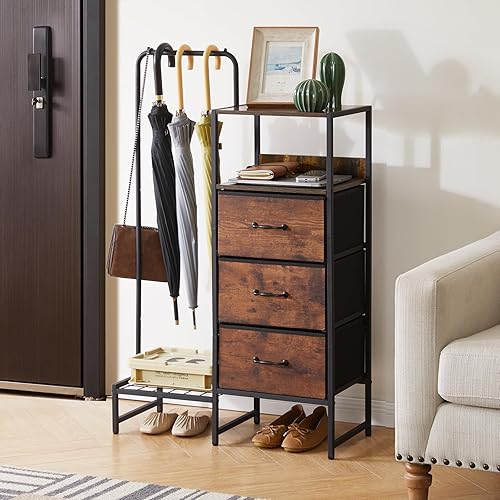 Miniatura 9 de Perchero de 44 pulgadas de alto con 3 cajones de tela, perchero de 4 niveles, perchero con estante para zapatos y estantes para espacios pequeños,