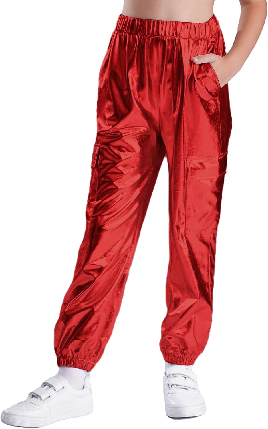Kids Metallic Shiny Cargo Pants Elastic Waist Trousers with Pockets for Girls Boys Party Hip-Hop Jazz Dance