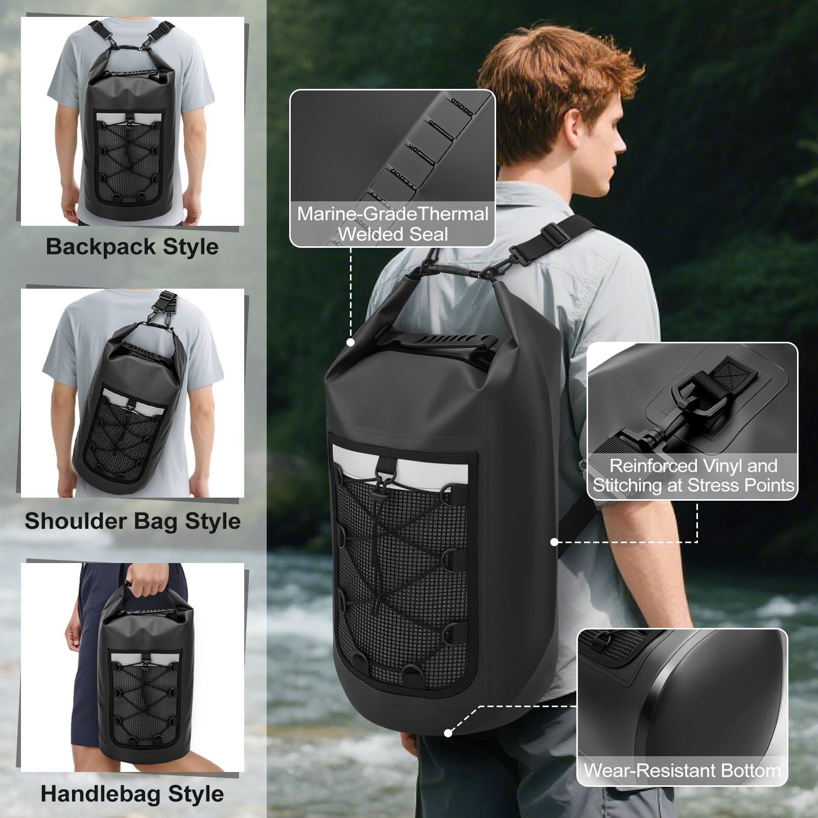 Sacs étanches flottants de 30 L pour kayak, bande réfléchissante sur le dessus, sac à dos de randonnée pour voyage, plage, randonnée et camping, homme/femme