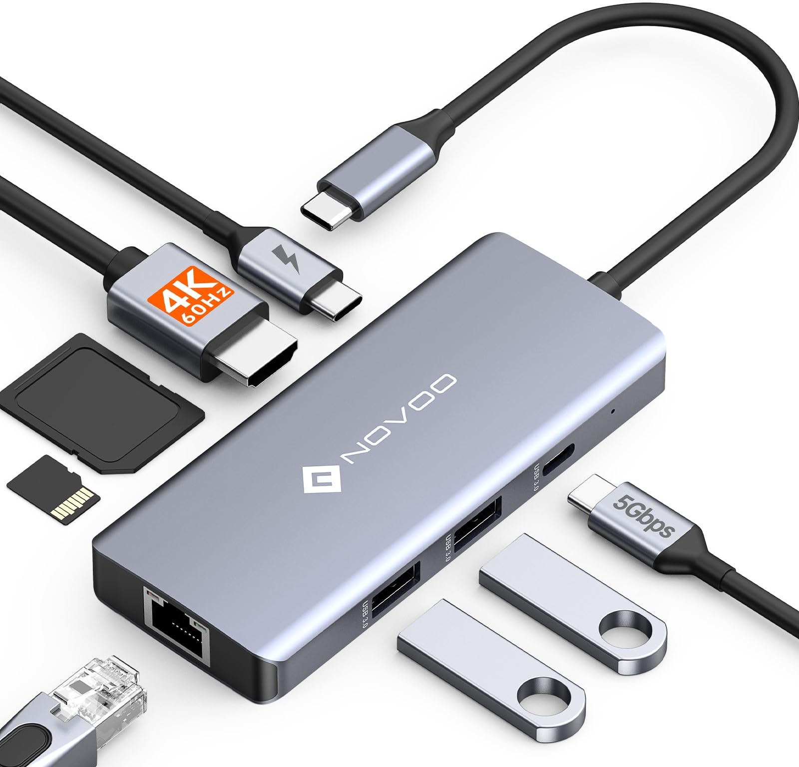 NOVOO Hub USB C 4K@60Hz HDMI 8-in-1 Gigabit Ethernet Adattatore USB C con 100W PD, SD/TF Lettore di Schede, 2 USB-A 3.0+1 USB-C Docking Station Compatibile con MacBook/iPad/iPhone/Dell/HP/Surface