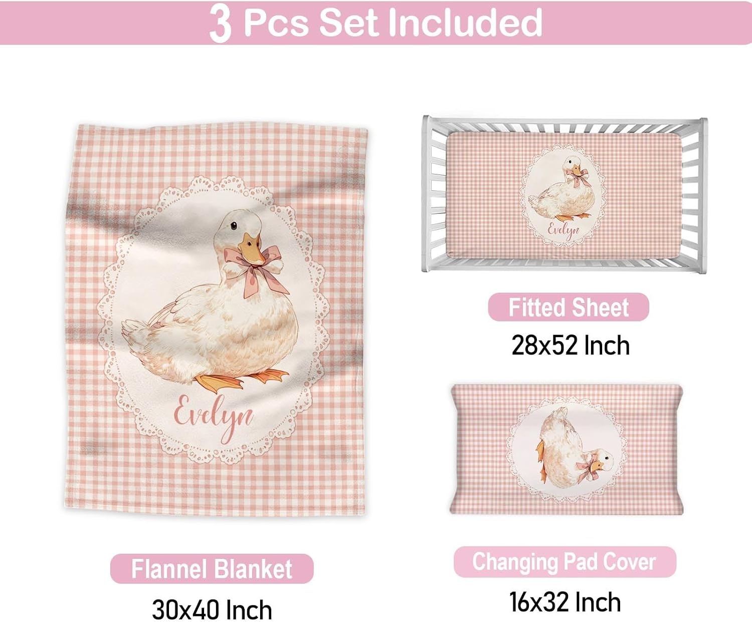 Personalized Baby Girl Crib Bedding Set with Name, Goose with Pink Bow 3 Piece Nursery Bedding with Flannel Blanket, Fitted Crib Sheet and Changing Pad Cover, Newborn Toddler Gift
