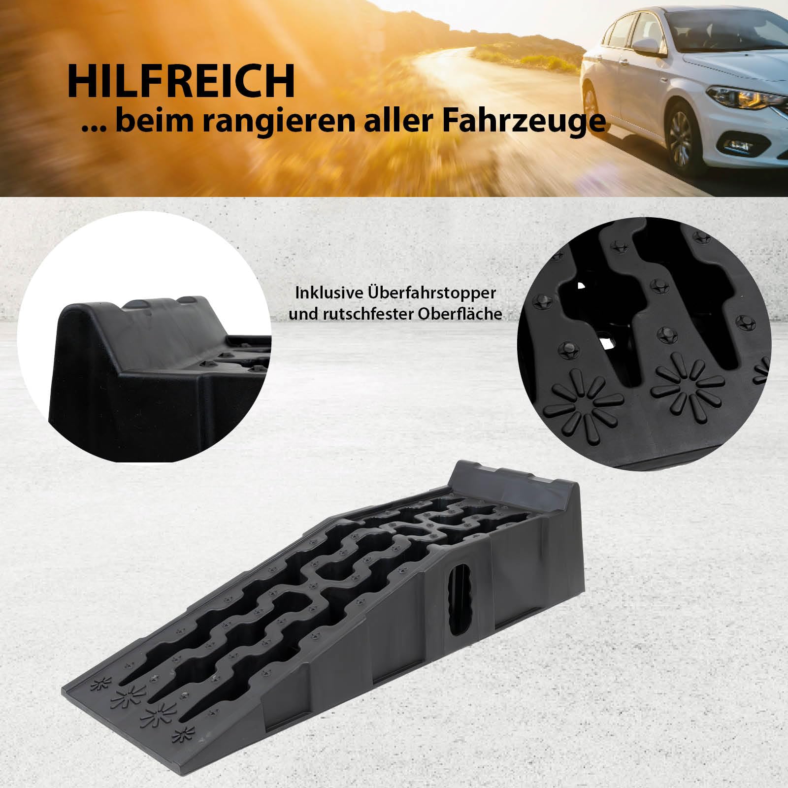 TRUTZHOLM 2 x Auffahrrampe mit Überfahrstopper 90x28x22 cm hochbelastbar 5t Traglast Kunststoff Auffahrkeil Wohnmobil PKW SUV rutschfeste Rampe für jeden Untergrund Kunststoff schwarz