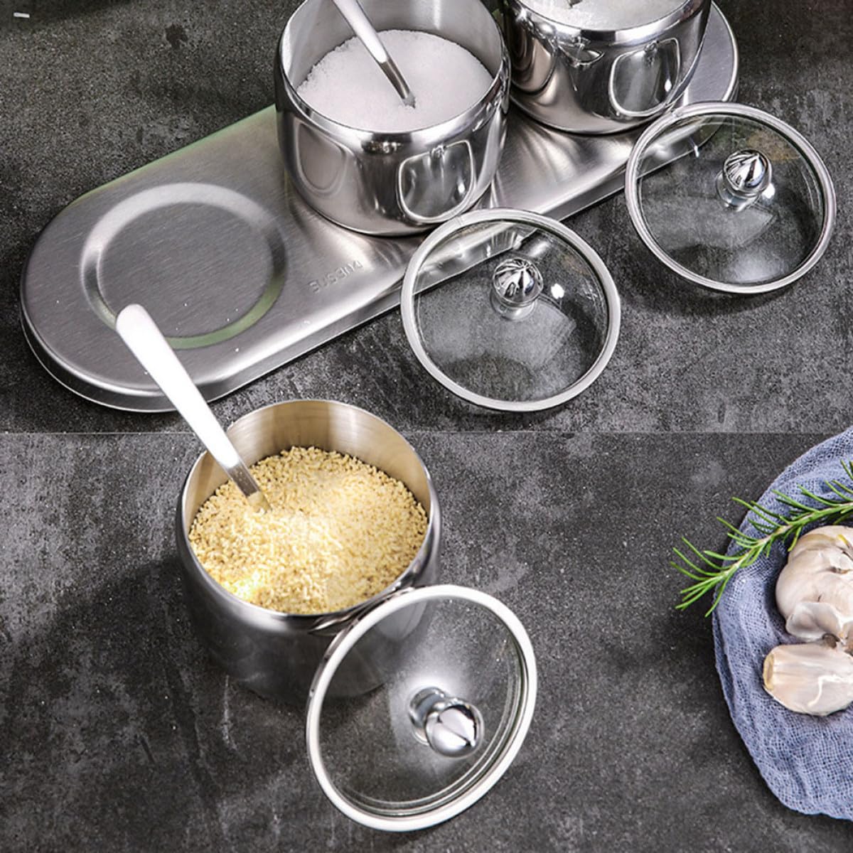 Barattoli per Spezie in Acciaio Inox 304 Set da 3 con Base, Contenitori Multifunzione per Conservazione Sale e Condimenti, Accessori Cucina per Uso Alimentare e Tavola