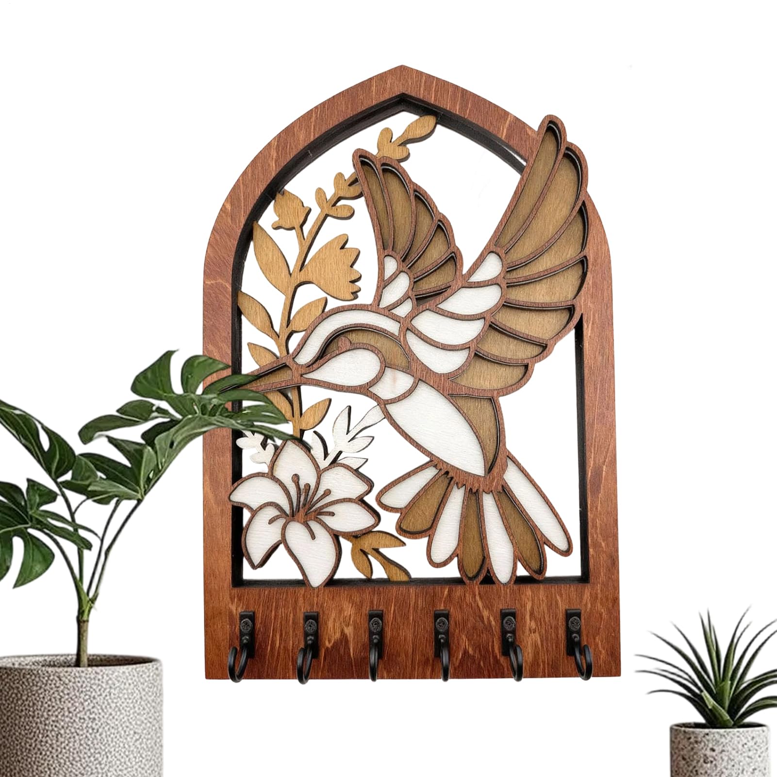 Porte-clé mural en bois de salon et entrée suspendue motif colibri
