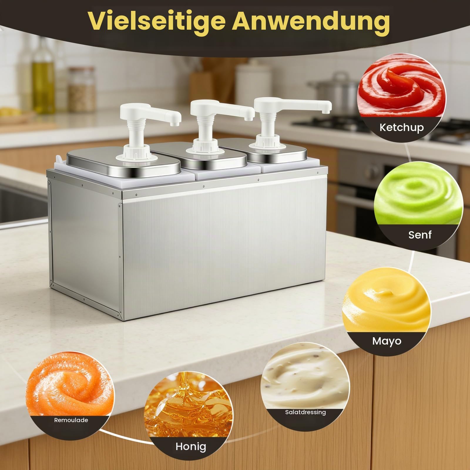 6L Saucenspender Pumpstation mit 3 Pumpköpfen Edelstahl Ketchupspender Tropffrei Lebensmittelecht Für Ketchup Mayonnaise Senf Honig Saucen 3x2L Gastro Soßenspender