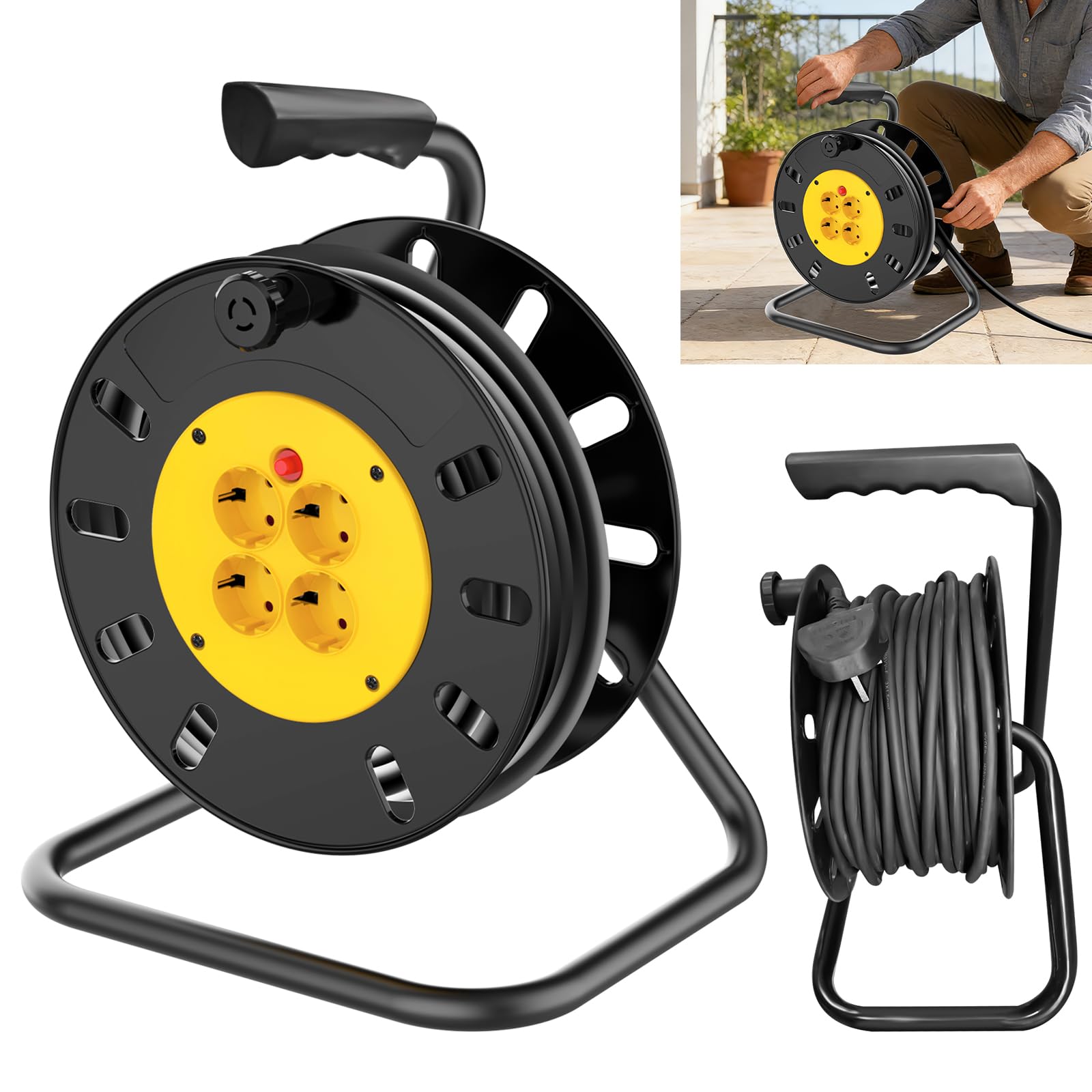 Enrouleur de câble 50 m, rallonge 4 prises, enrouleur de câble manuel avec cadre en métal, tambour d'alimentation pour intérieur, protection sûre contre la surchauffe, poignée de transport ergonomique