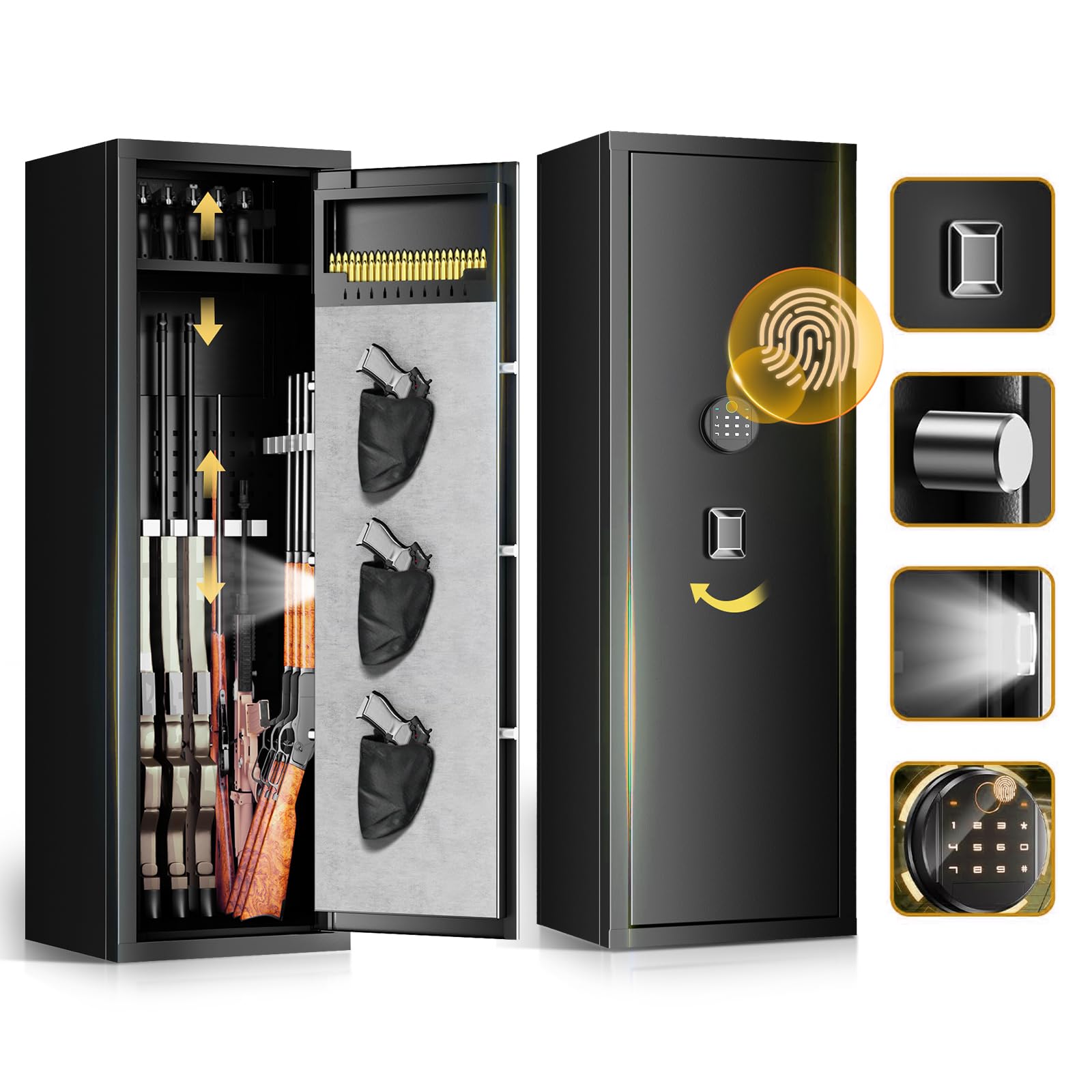 QIRANUI 10-15 Unassembled Large Rifle Gun Safes, Fingerprint Gun Safe for Home and Pistols with Mute Mode,Gun Cabinets with 3 Pistol Bags, Quick Access Safes with Removable Shelf for Shotguns