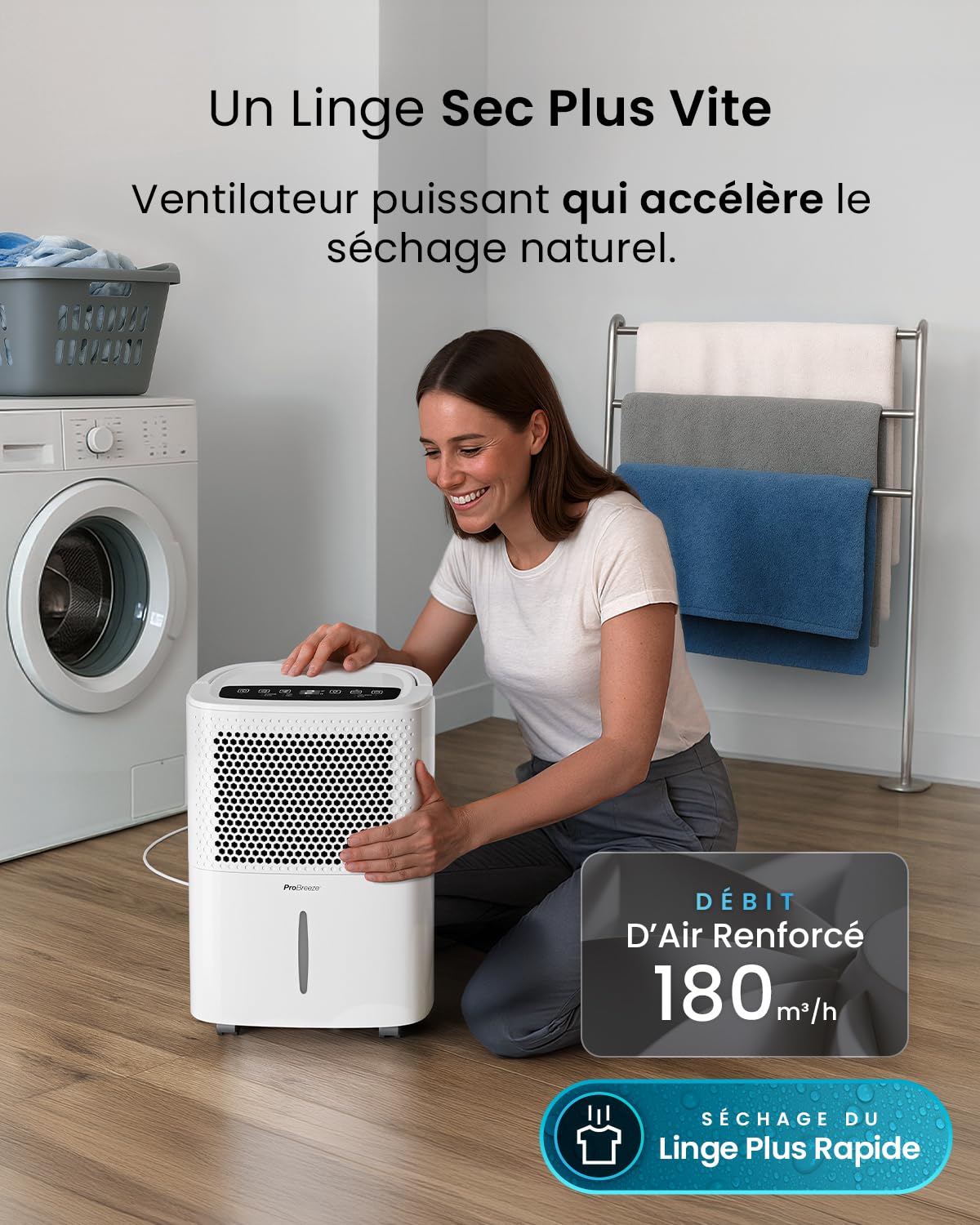 Pro Breeze Déshumidificateur d'Air Silencieux 12L/Jour - Absorbeur d'Humidité - 40 dB, Réservoir 1,8L, Drainage Continu, Minuterie 24h, 3 Modes- Idéal Contre l'Humidité & Moisissure