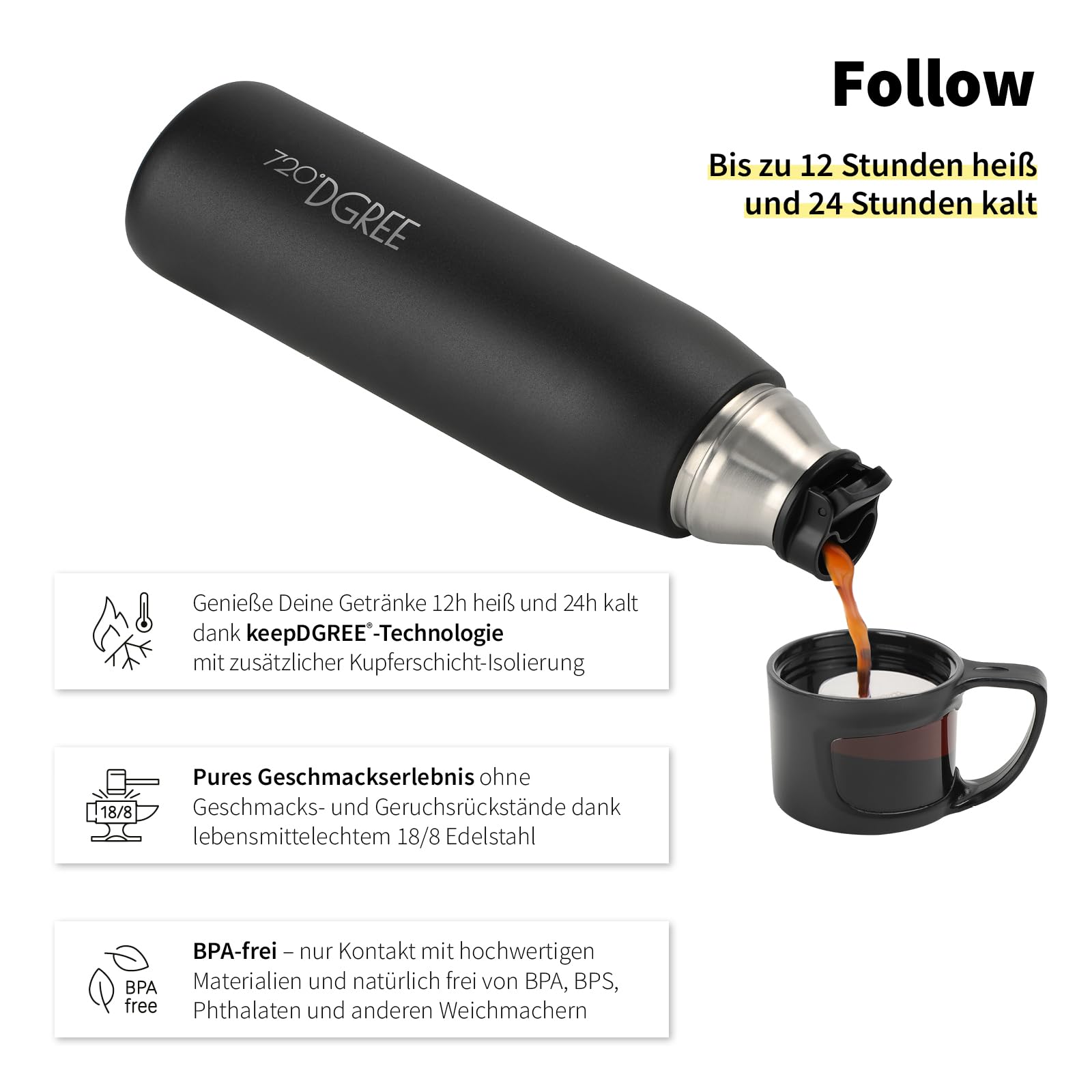 720°DGREE Bouteille Isotherme Follow 1l | Gourde Thermo Acier Inoxydable | Ideal pour Café et Thé avec Gobelet, Tasse | Boissons Chaudes ou Froides au Travail, Voyage, Ecole