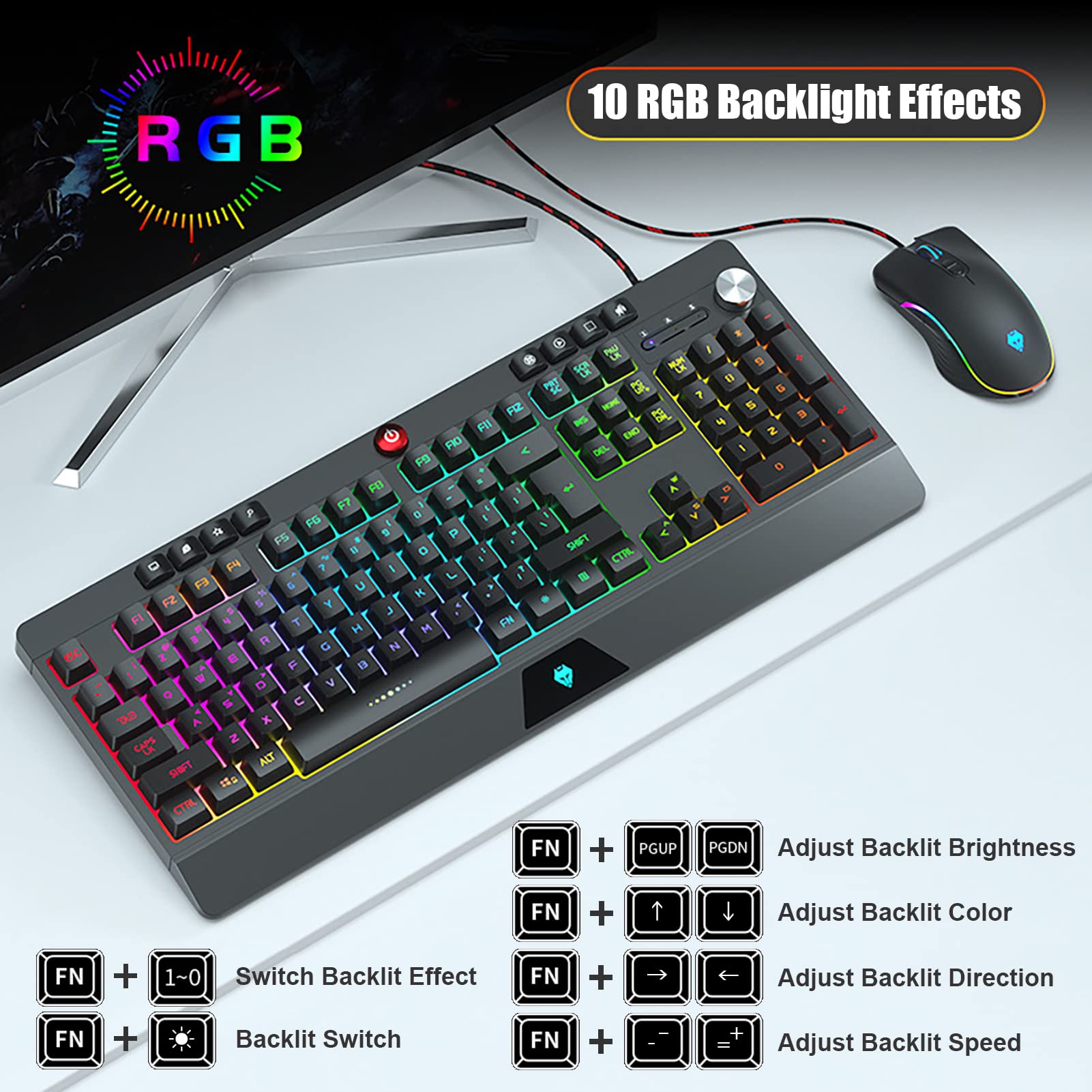 V9000 USB Wired Gaming Keyboard Mouse Set, 104+10 Keys, 10 RGB Backlit Modes, 19 Keys Anti-Ghost Keyboard, 1200-7200 DPI Gaming Mouse (Black)