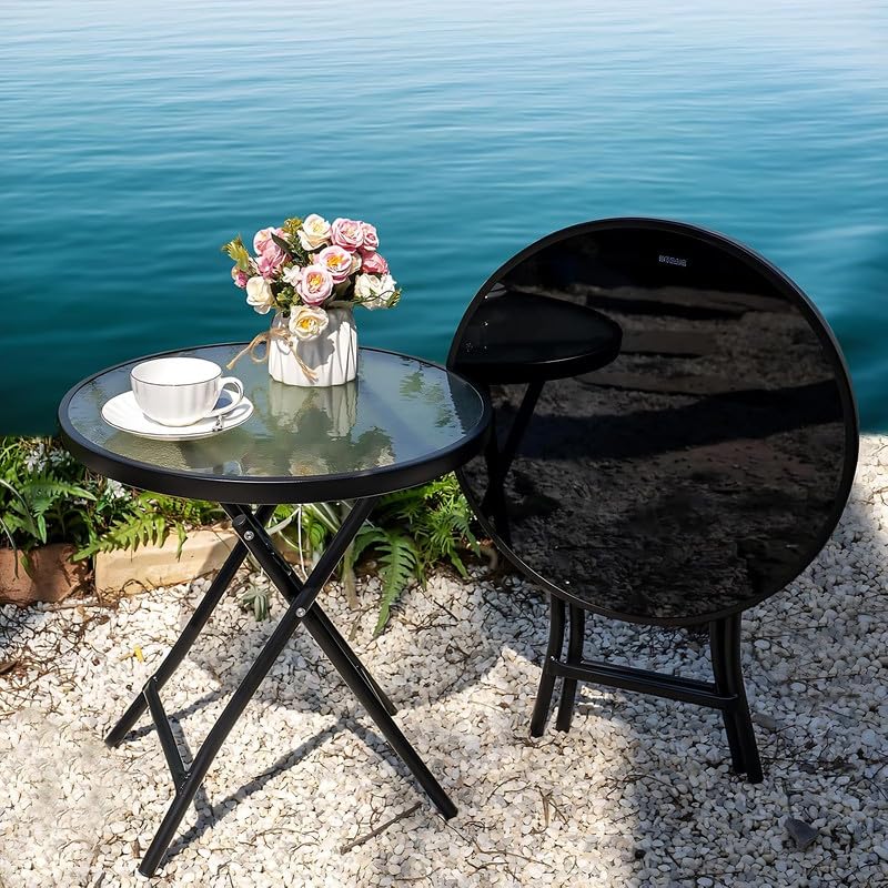 Image of Round Outdoor Tempered Glass Top Dining Table - Modern Foldable Patio Coffee Bistro Table for Garden, Balcony, Lawn, Backyard, Terrace, Deck or Poolside Use (1Pcs)