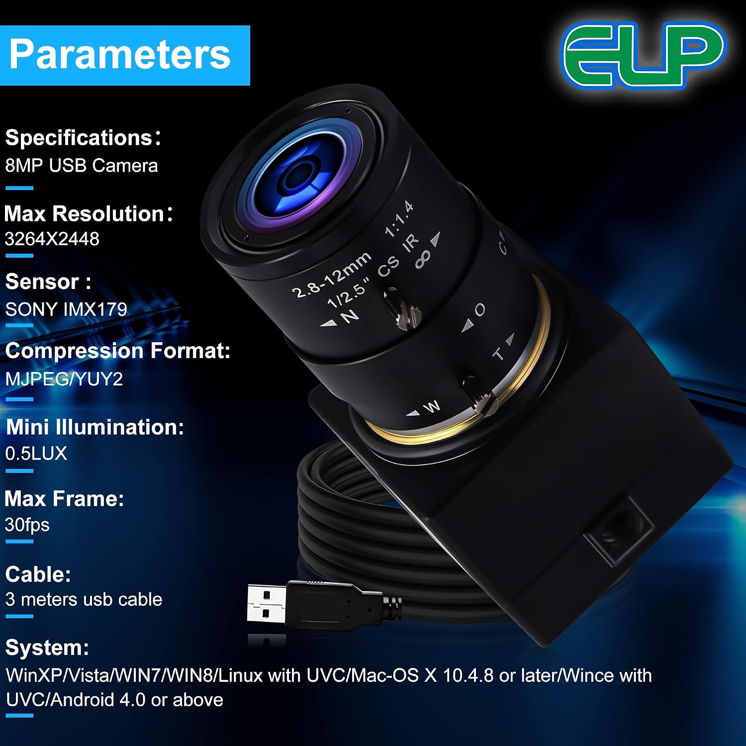 8MP USB Camera for Computer, 2.8-12mm 4X Optical Zoom, Ultra HD 4K Webcam