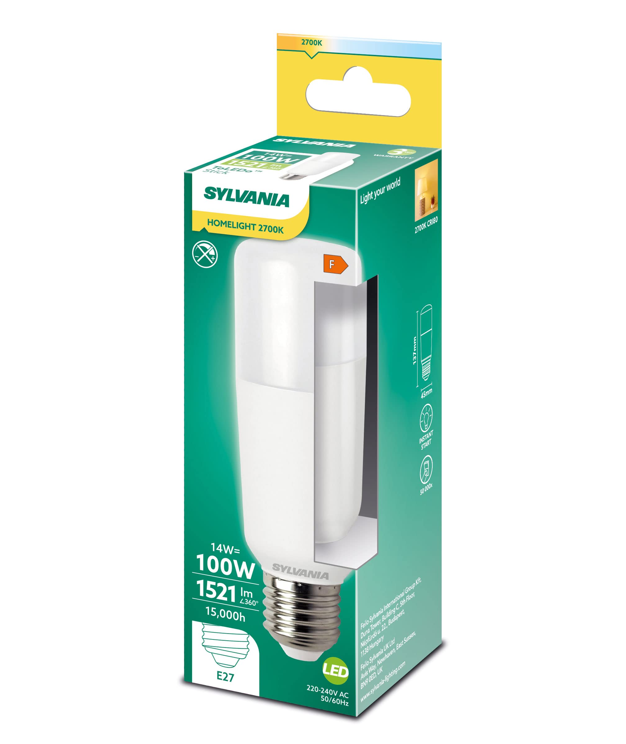 SYLVANIA LED-Lampe E27, 9W, 1055 Lumen, 2700K – Warmweiß, 15000h Lebensdauer, 1er Pack