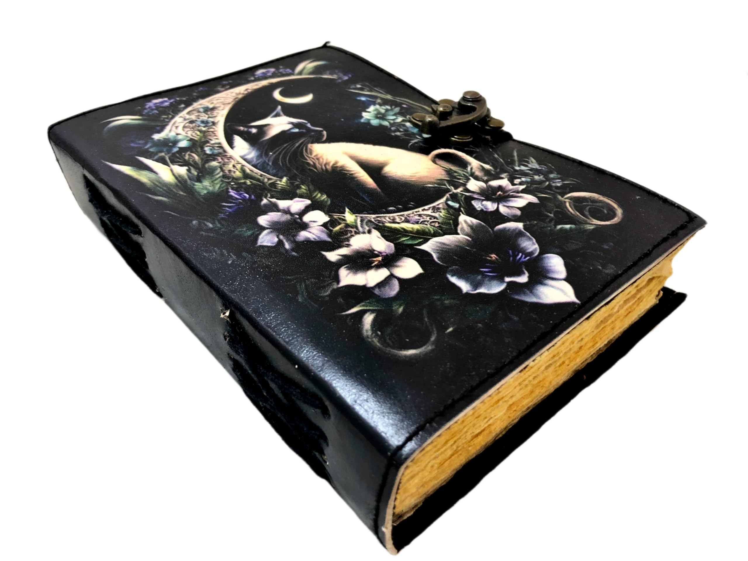 Blank Spell Book of Shadows Journal Little Witch Cat Printed Witchcraft Supplies Wiccan Notebook Handmade Vintage Deckle Paper Grimoire Journal Leather Sketchbook, Drawing Journal (7 X 5)