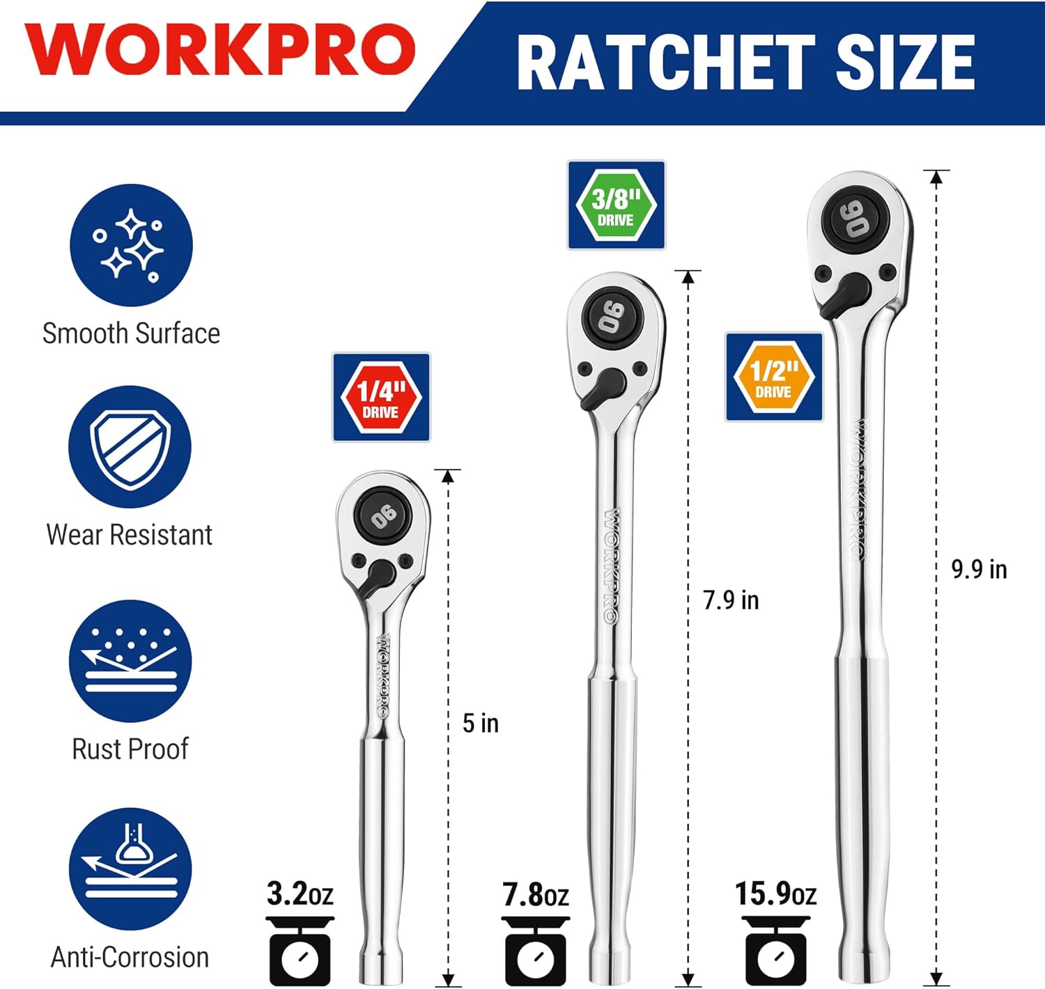 WORKPRO 3-Piece Low-Profile Drive Ratchet, 1/4", 3/8", 1/2" 90-Tooth Quick-Release Ratchet Wrench, Reversible, 4° Swing, CR-MO Compact Drive Head, Full Polished, Gifts for Men