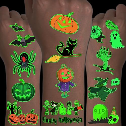 CHARLENT Tatuajes temporales luminosos de Halloween para suministros de fiesta de niños, 100 estilos que brillan en la oscuridad de Halloween,