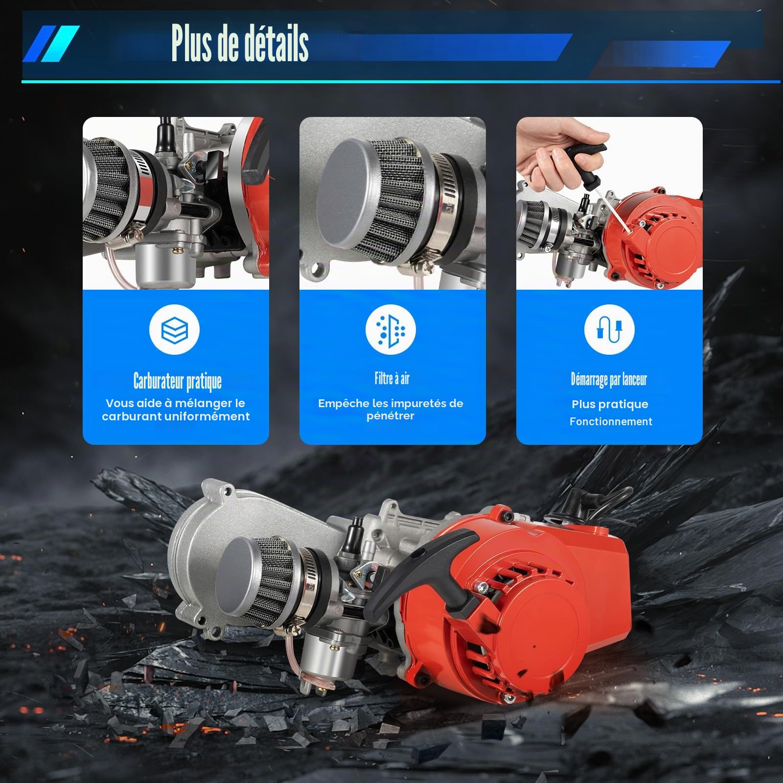 DIFU Pocket Dirt Bike Moteur 2 temps Mise à niveau Mini moteur Go Kart Essence Beach Bike ATV Engine 3 CV pour 49 cm³ 50 cm3