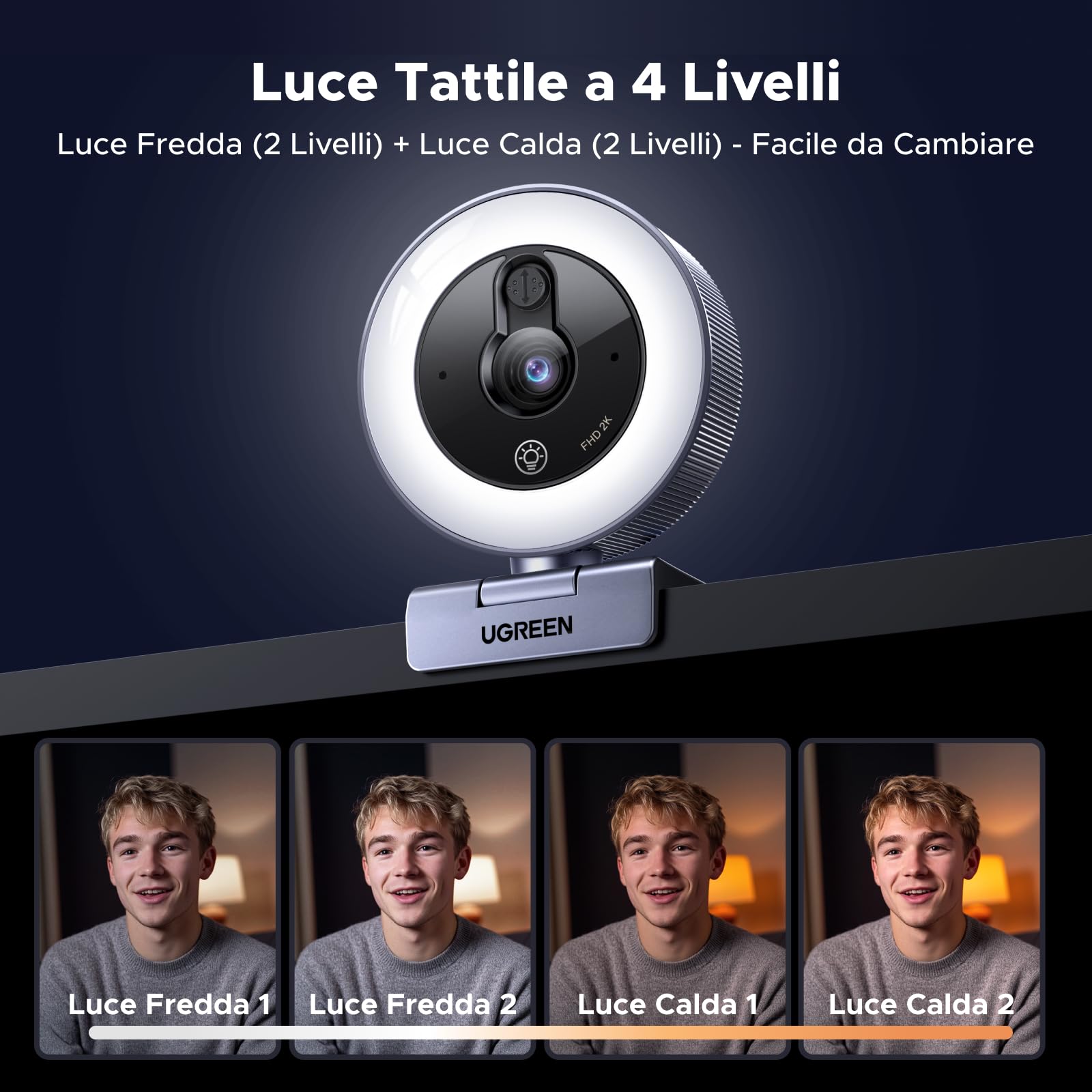 UGREEN Webcam 2K 30FPS Full HD USB A USB C Webcam Luce LED
