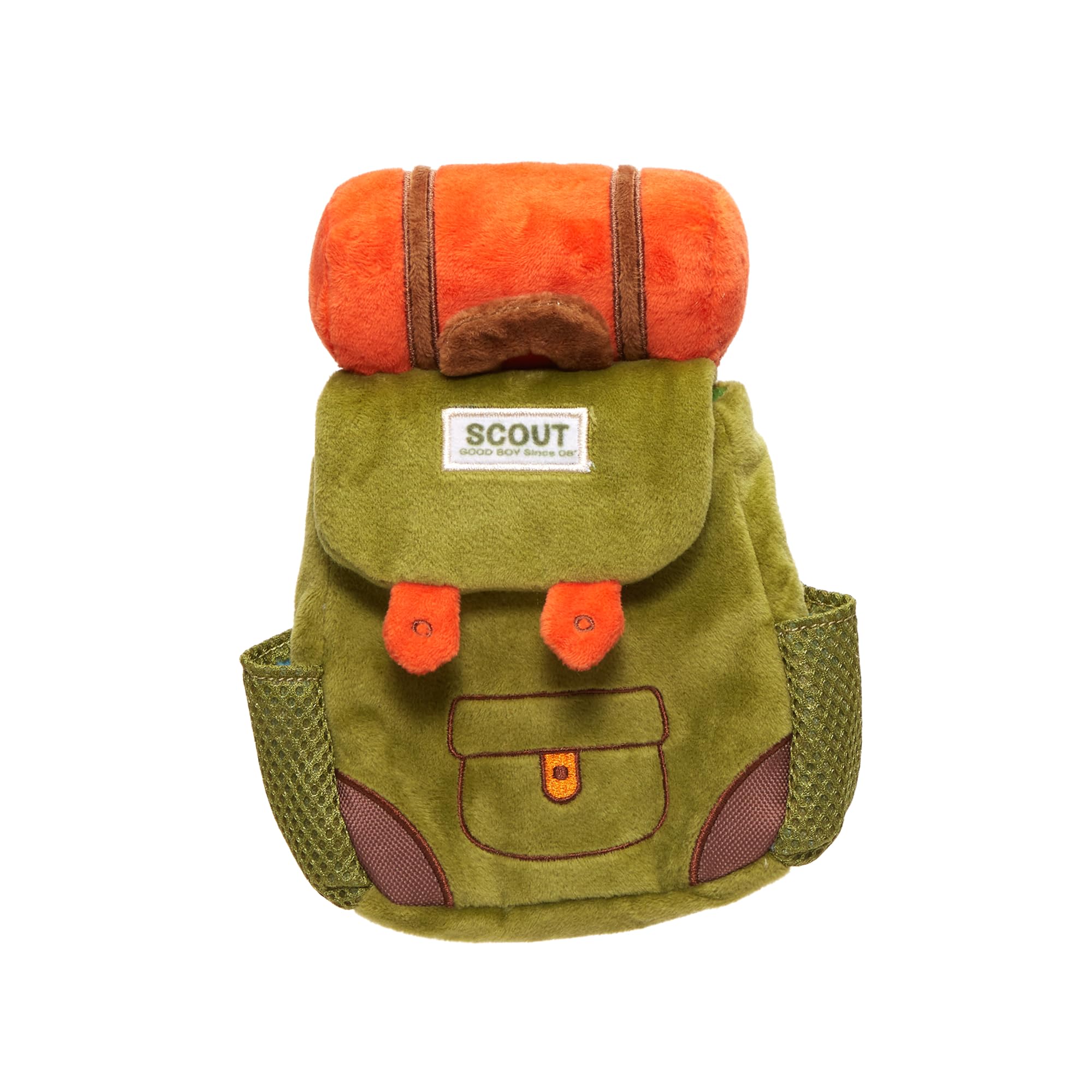 BARK Scout Camping Sac à dos en peluche pour chien Vert et orange Taille S/M