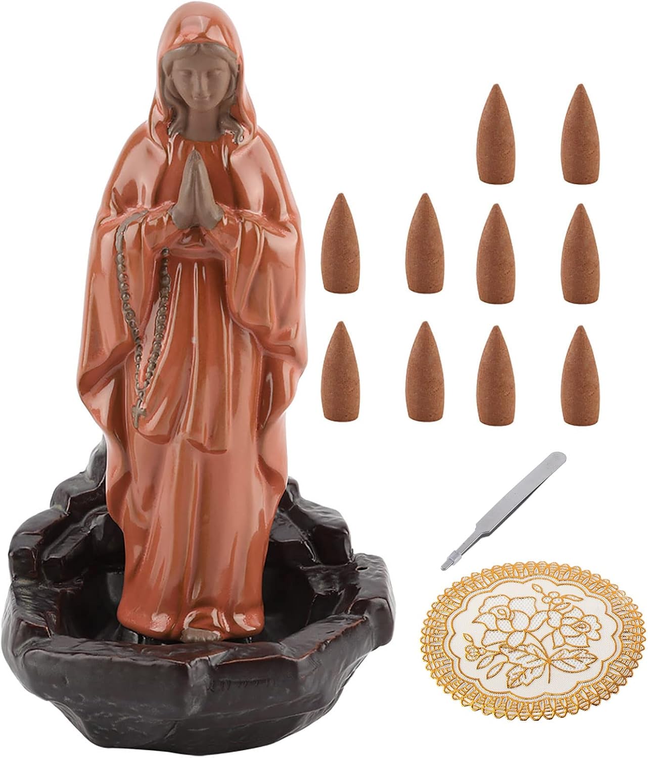 Ceramic Incense Holder, Incense Cones Backflow Smoke Jesus Virgin Incense Holder with 10 pcs Cones Stick Home Decoration Handicraft Gift Easter Mary Statue Waterfall (Virgin)
