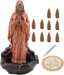 Ceramic Incense Holder, Incense Cones Backflow Smoke Jesus Virgin Incense Holder with 10 pcs Cones Stick Home Decoration Handicraft Gift Easter Mary Statue Waterfall (Virgin)
