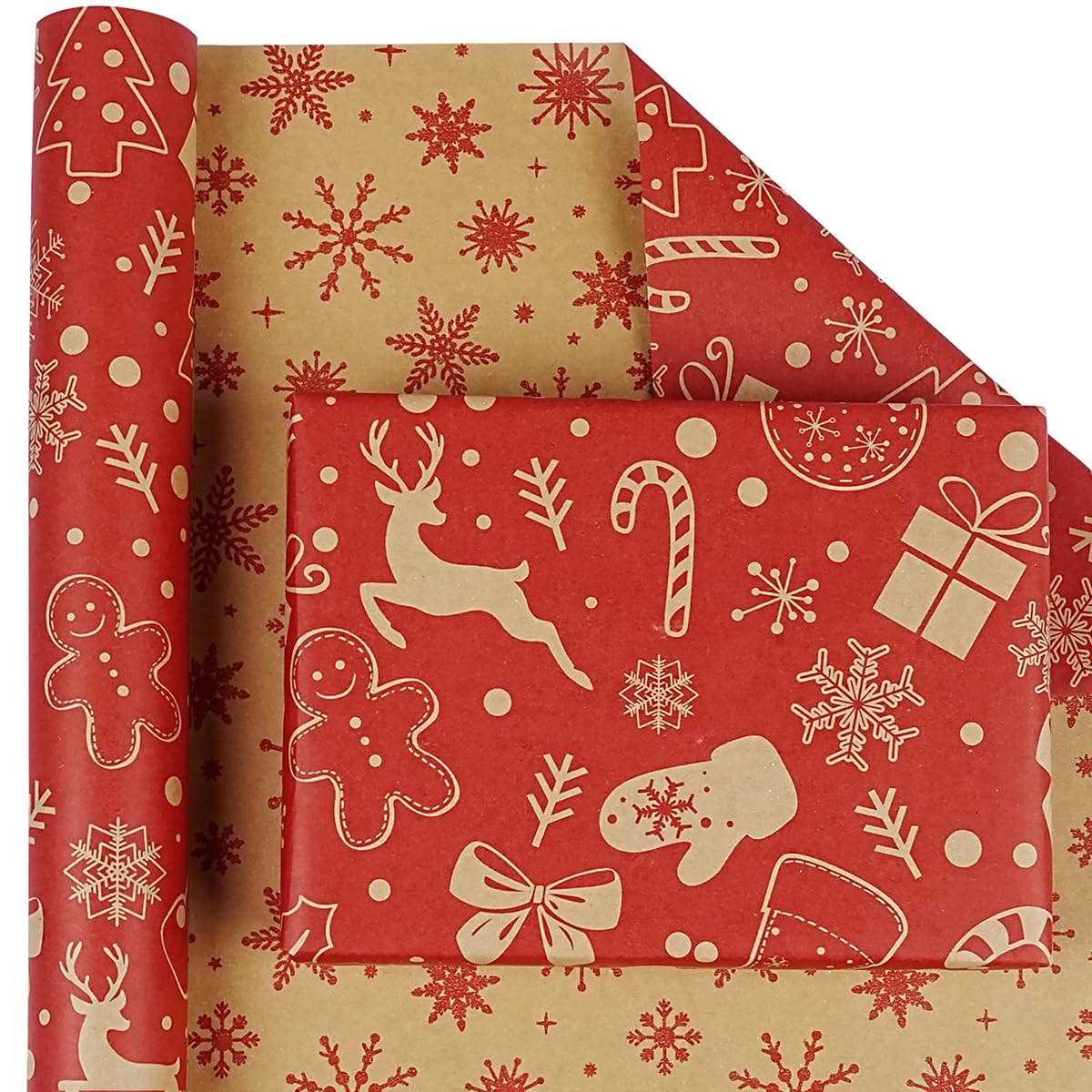 Christmas Wrapping Paper Roll 43cm x 10m, Red Reversible Christmas Wrapping Paper for Women Men, Recyclable Kraft Snowflake Elk Gift Wrap Paper for Xmas New Year Winter Holiday Party Arts DIY Crafts