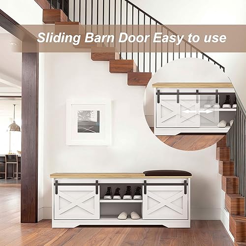 Miniatura 3 de Banco de zapatos blanco con almacenamiento, banco de zapatos moderno con puerta corrediza de granero, banco de granja con cojín, banco de