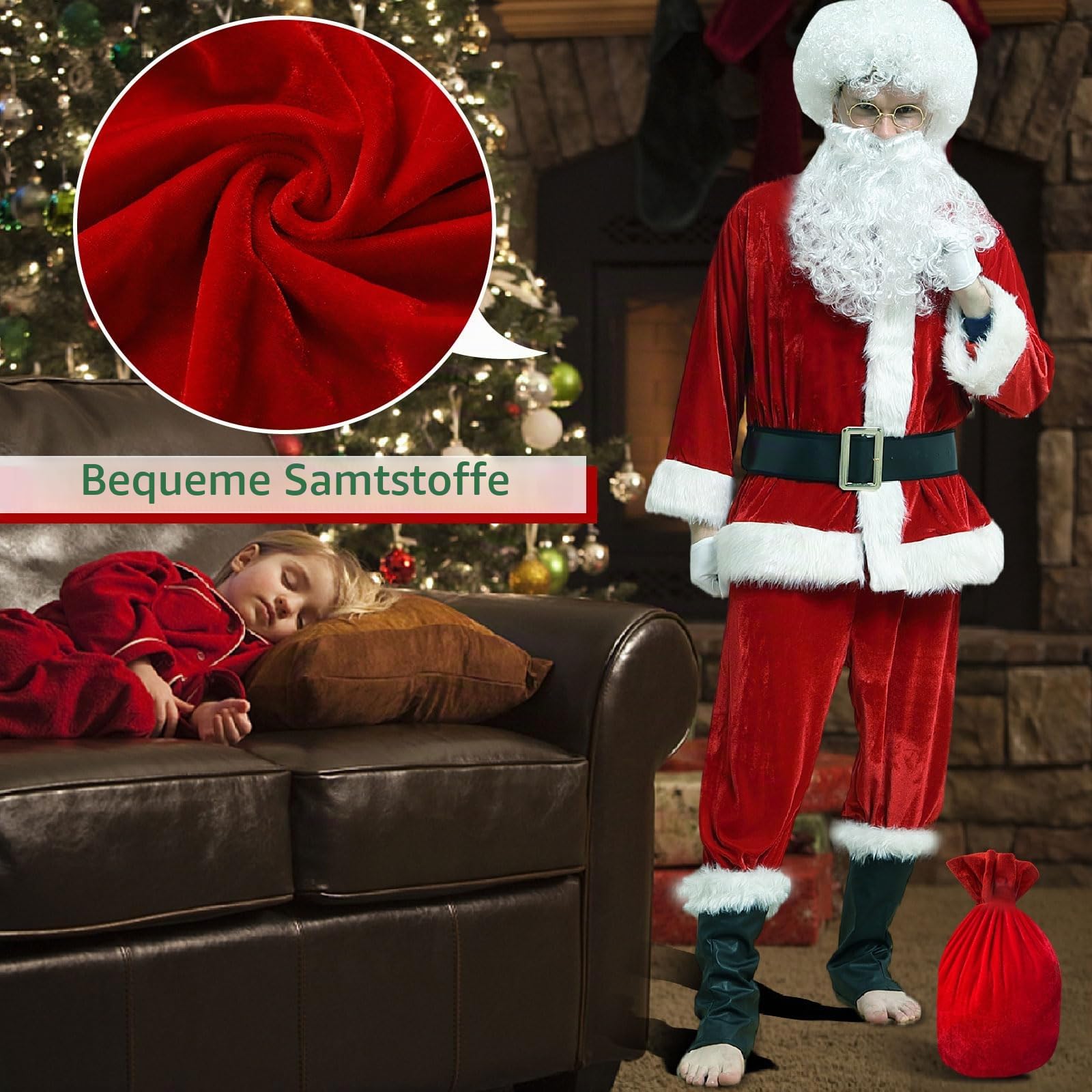 Kouric Weihnachtsmann Kostüm Herren,10-teiliges Lustig Weihnachtskostüm Damen,Weihnachtsmann Bart und Perücke, Deluxe Santa Claus Costume Nikolauskostüm Brille/Sack, Weihnachtsmann Anzug Erwachsene