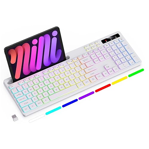 Soueto Wireless Keyboard with 7-Color RGB Backlit, Full-Size Computer Keyboard with Phone Tablet Holder, 2.4G Rechargeable Gaming Keyboard with Light Up Keys, Compatible with Mac, Windows (White)