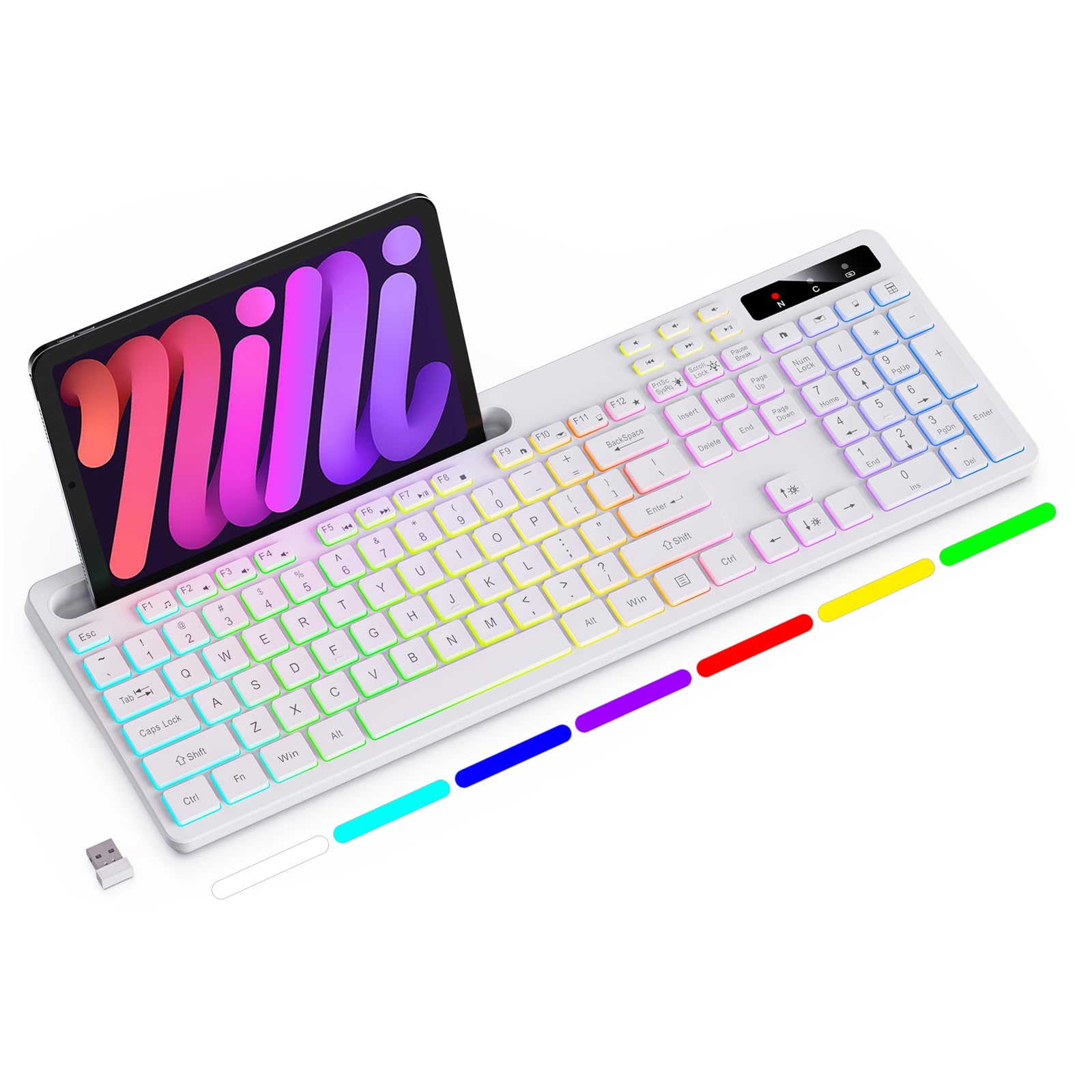 Wireless Keyboard with 7-Color RGB Backlit, Full-Size Computer Keyboard with Phone Tablet Holder, 2.4G Rechargeable Gaming Keyboard with Light Up Keys, Compatible with Mac, Windows (White)
