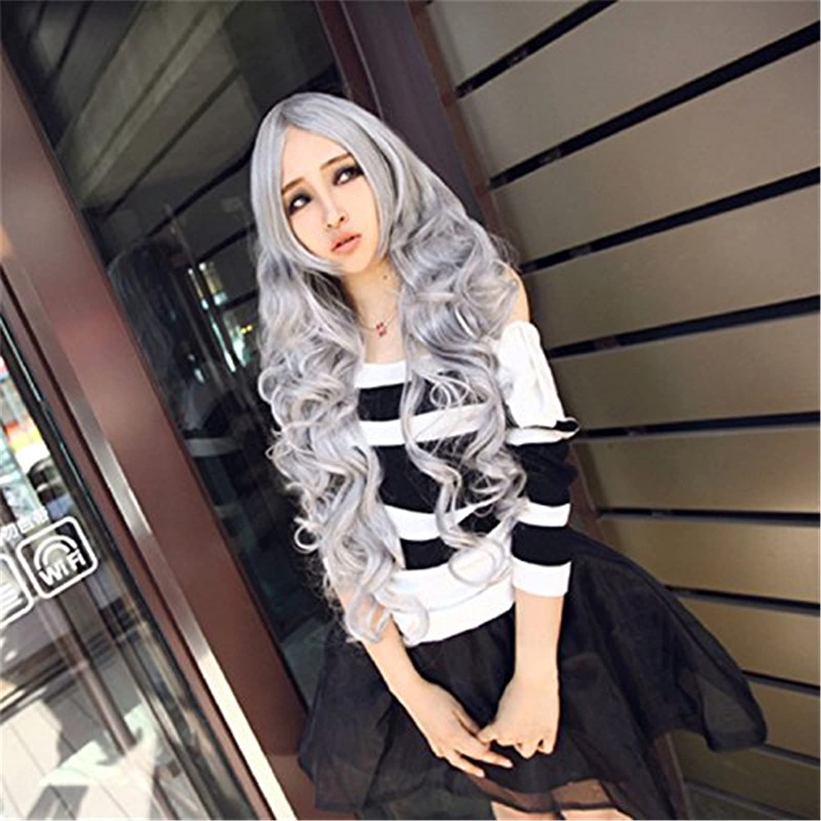 Long wigs grey wavy curly hair wigs like real human hair fringe cosplay costume manga mannequin grey