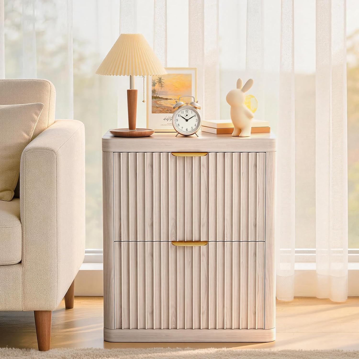 Fluted Nightstand with 2 Drawers, Modern Wood Bedside Table for Bedroom, Compact End Table with Curved Corners & Metal Handle for Small Space, Living Room c