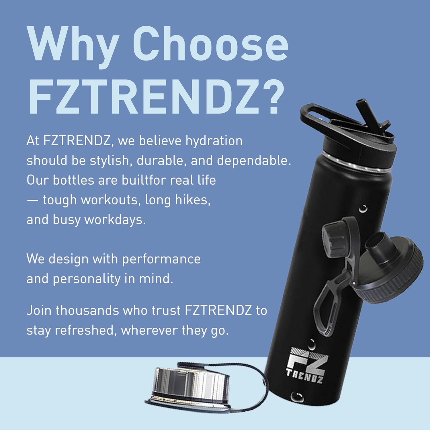 FZ TRENDZ Insulated Water Bottle, 22 oz water bottle, Stainless Steel water bottle, 3 Interchangeable Lids, Straw, Leak Free & BPA Free, Blue water bottle, dishwasher safe water bottle - Image 8