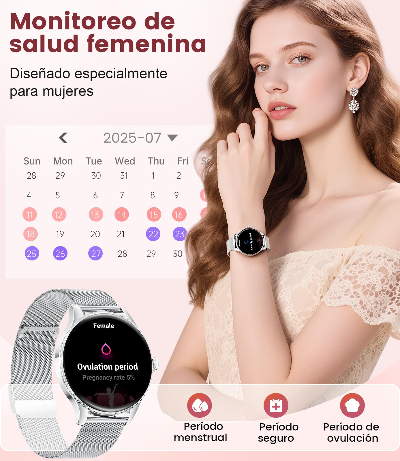 Reloj Inteligente Mujer Redondo,1.32" Amoled/Llamadas Bluetooth,SmartWatch Mujer con Función Femenina/Monitor de Sueño/24H Pulsometro,110+ Deportes/IP68 para iOS Android (Malla de Plata)