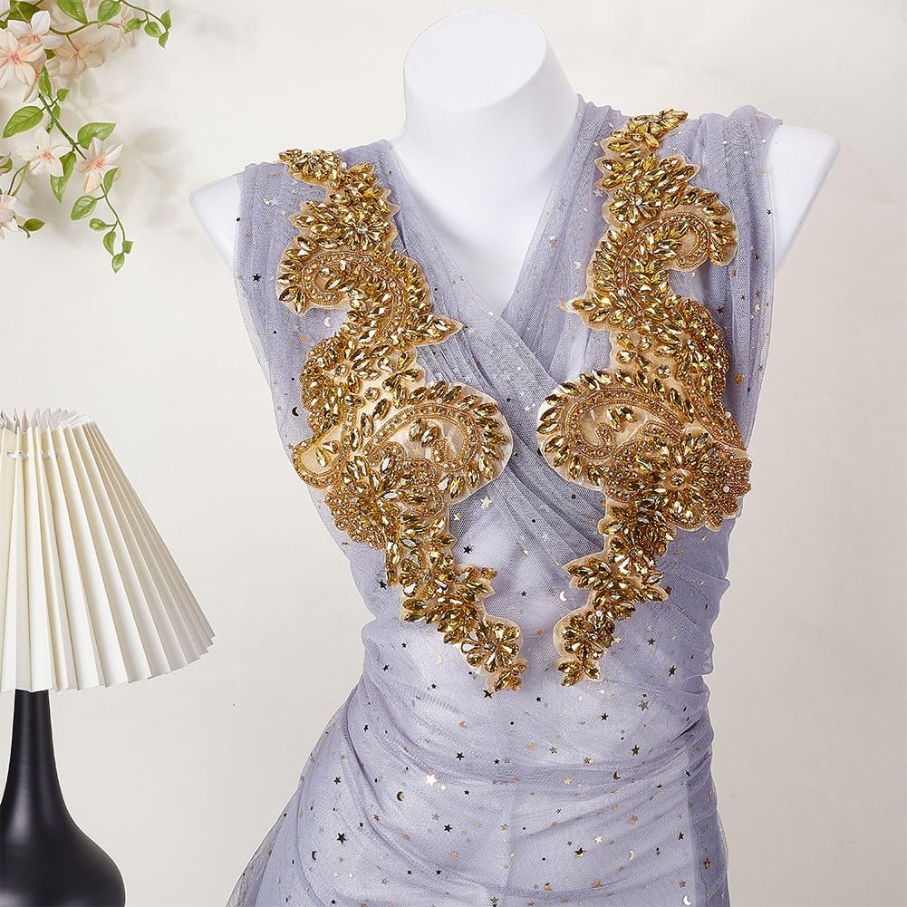 FINGERINSPIRE 1 Pair Handmade Beaded Appliques Gold Handmade Rhinestones Lace Trim Patches 5.8x15.2 Inch Handcrafted Rhinestone Beaded Patches for DIY Crafting Evening Gowns