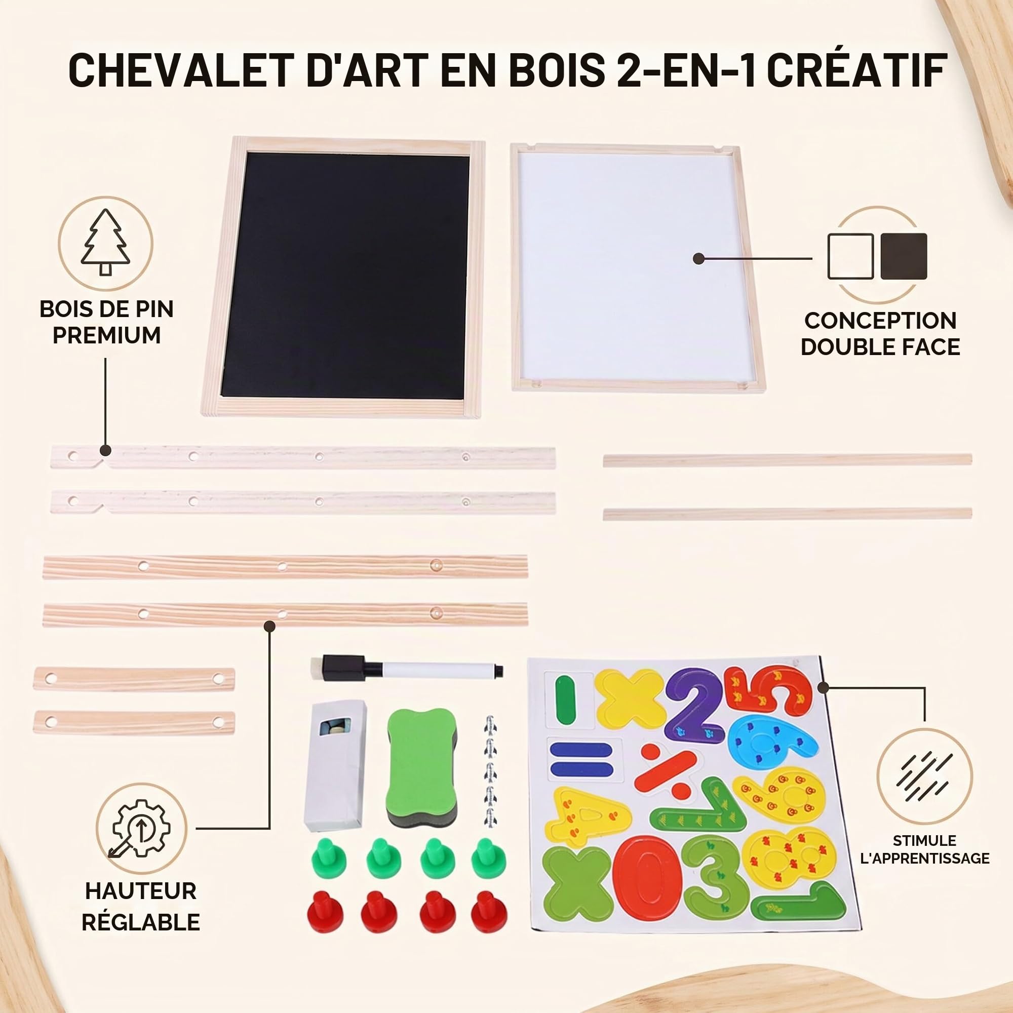 Ejoyous Tableau 2 en 1 en bois pour enfants - Réglable en hauteur - Chevalet magnétique en bois - Tableau de jeu pour enfants à partir de 3 à 12 ans - 65 x 35 x 31 cm