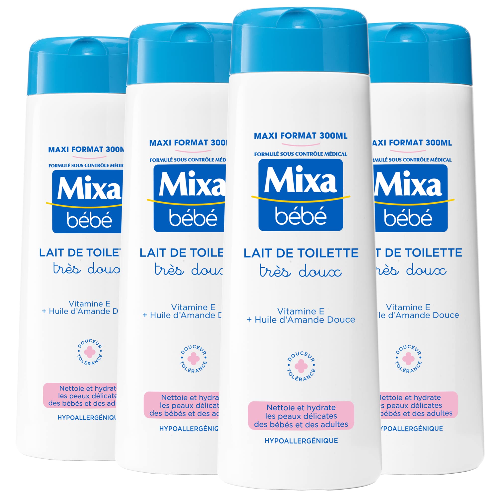 Mixa Baby - Latte da toilette molto morbido, delicato e delicato per neonati, con vitamina E + olio di mandorle dolci, tolleranza ottimale, ipoallergenico, maxi formato, confezione da 4 x 300 ml