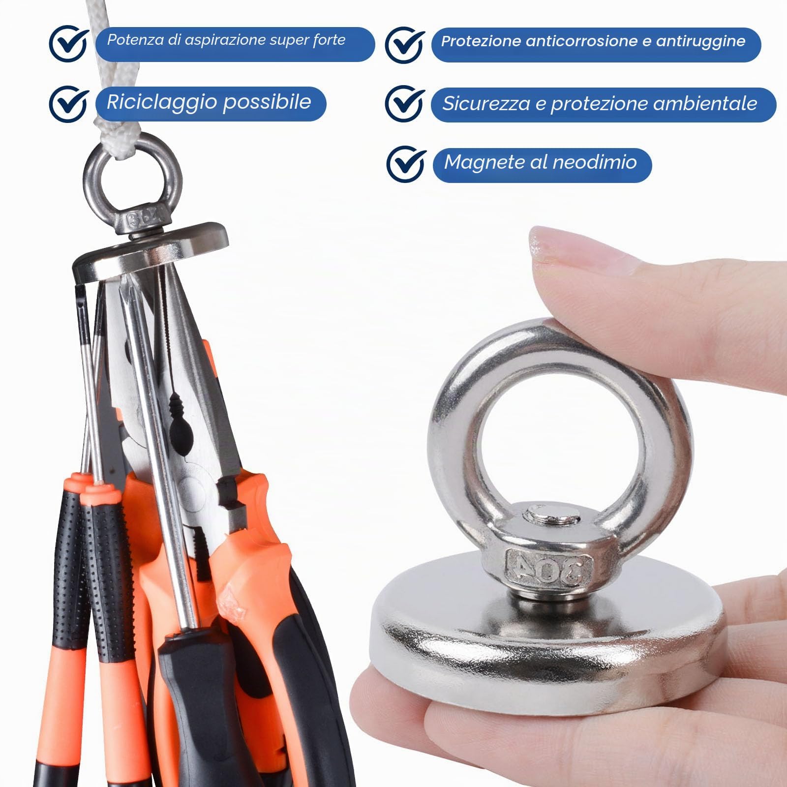 Magneti al Neodimio Extra Forti 42 mm 60kg Forza Magnete Da Pesca con Foro 2 Pezzi