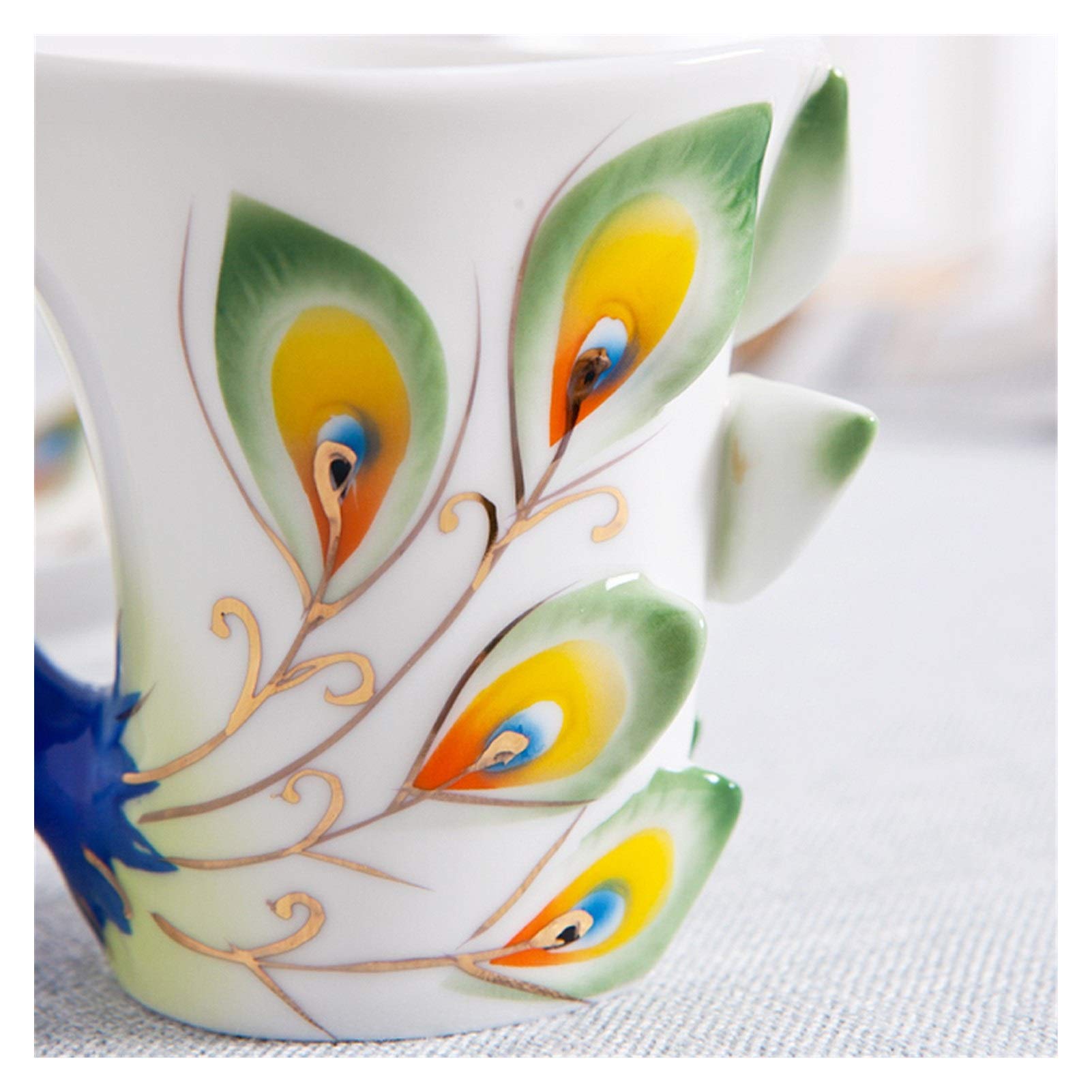 Kaffeetasse,Steingut Tassen Kreative 3D Hand Crafted Emaille-Pfau-Kaffeetasse-Set mit Untertasse und Löffel Geschenk Keramik Tee-Wasser-Schale Schale Geschenk(230ml,Orange)