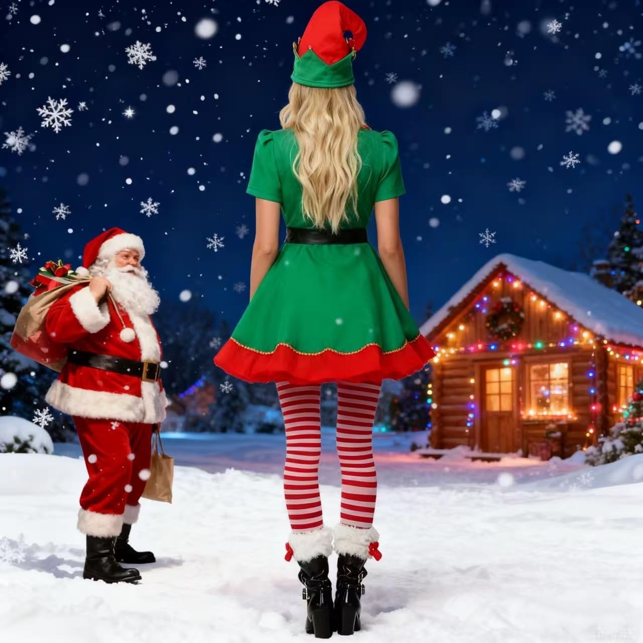 Zynthytic Christmas Elf Costume Adult Kids Christmas Elf Outfits for Women Short Sleeve Fancy Dress with Ears Hat Belt and Socks(170) - Image 3