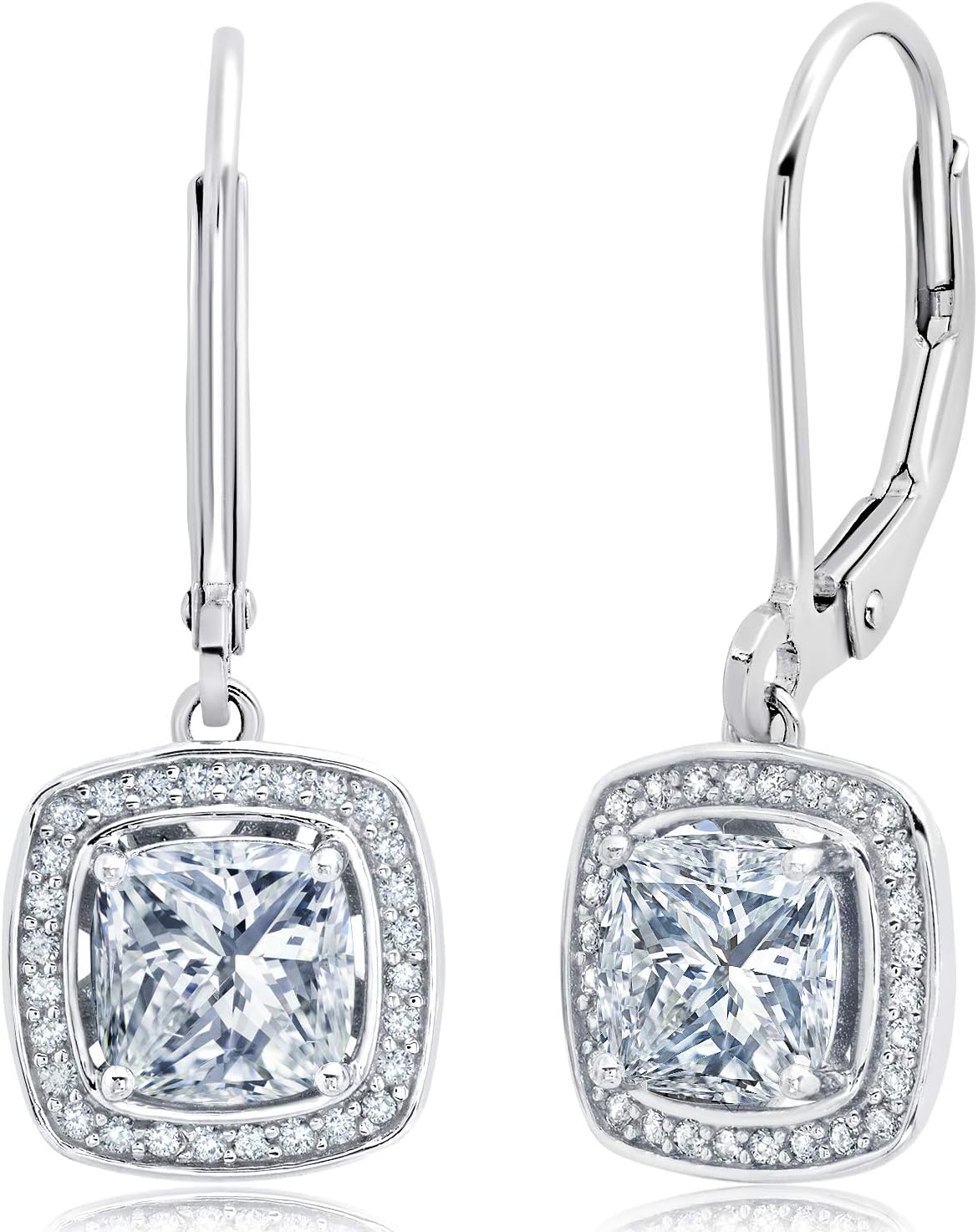 Cubic Zirconia Halo Dangle Earrings for Women in 925 Sterling Silver in Round, Oval, or Cushion Cut CZ with Leverback by MAX + STONE