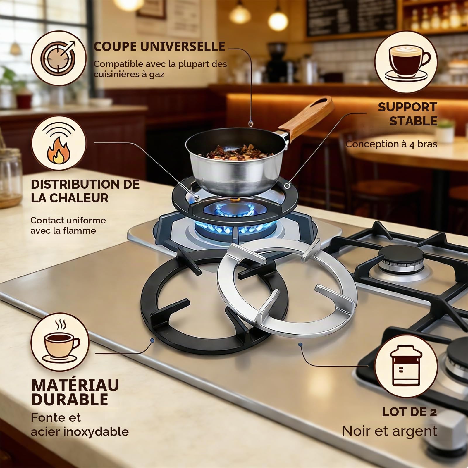 Support Pot à Moka Support de Casserole Moka Réducteur d'anneau de Gaz 2 Pièce Universel Machine à Expresso Adaptateur D'anneau Résistant
